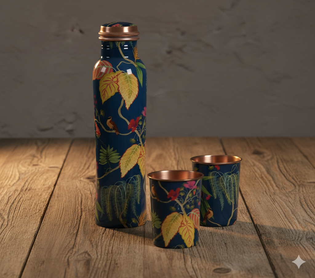 Copper Royal Blue Leaf bottle set