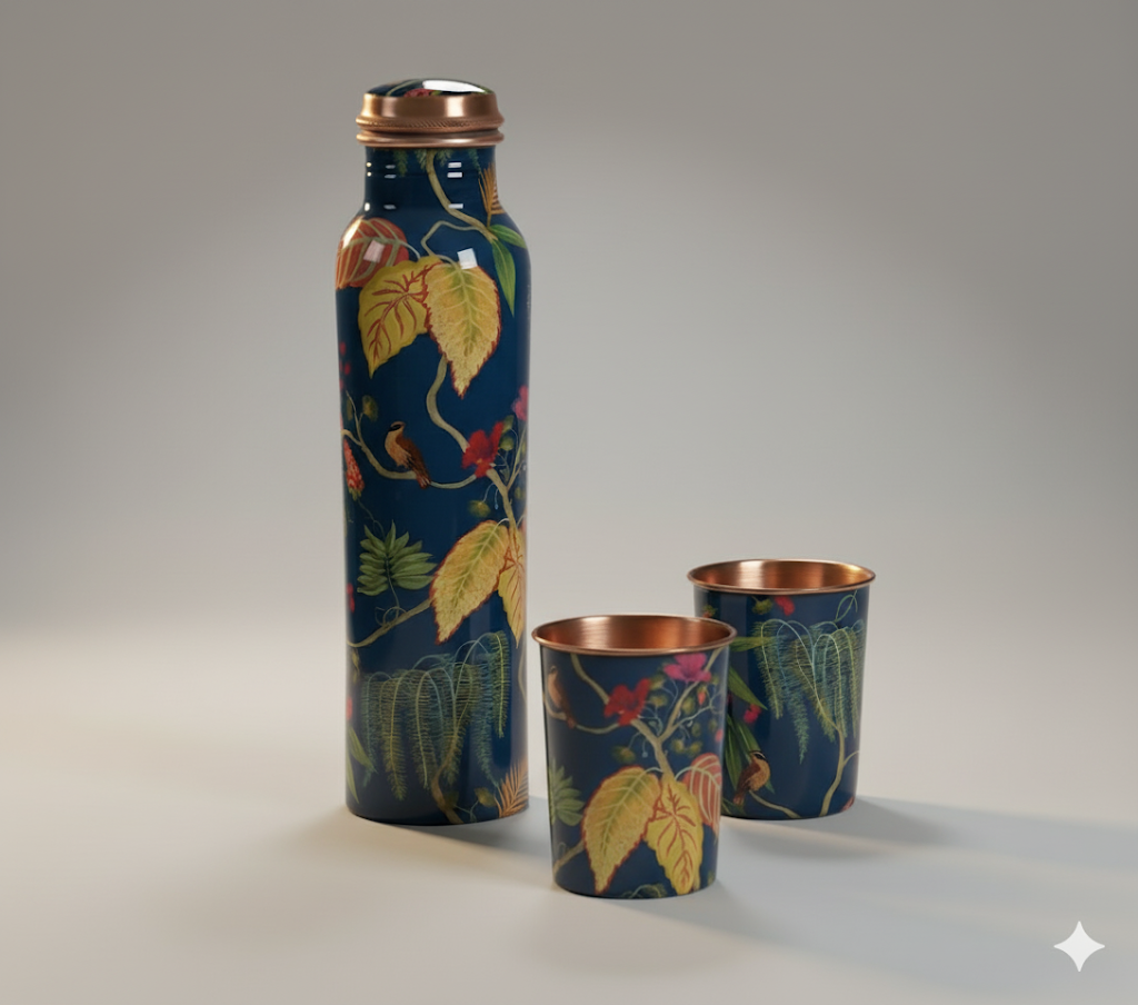 Copper Royal Blue Leaf bottle set
